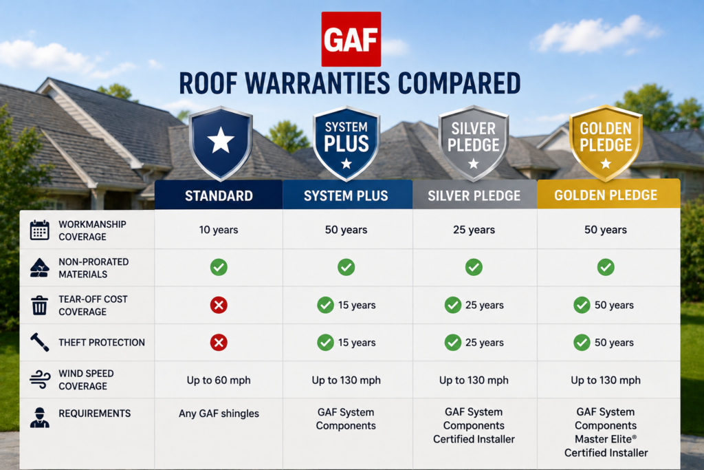 GAF Roof Warranties Compared - Standard, System Plus, Silver Pledge and Golden Pledge | Oak Tree Roofing